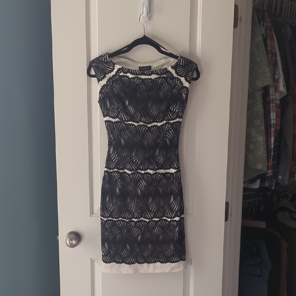 bebe Elegant Black and Cream Lace Mini Dress